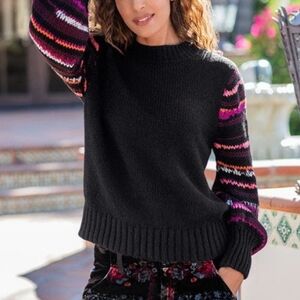 Johnny Was Black Sweater with Striped Sleeves